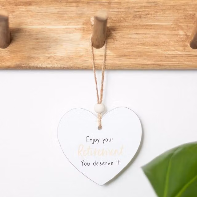 Kingsbury Gifts Small White Hanging Heart Wall Plaque with Enjoy Your Retirement Sentiment