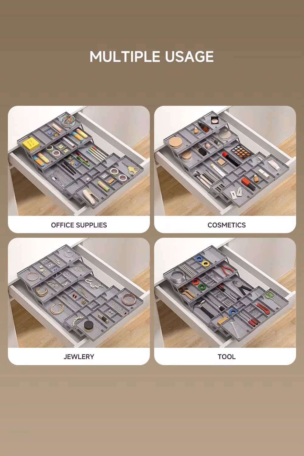 Living and Home Versatile Expandable Multi-tier Plastic Cutlery and Kitchenware Organiser Tray in Grey – 4