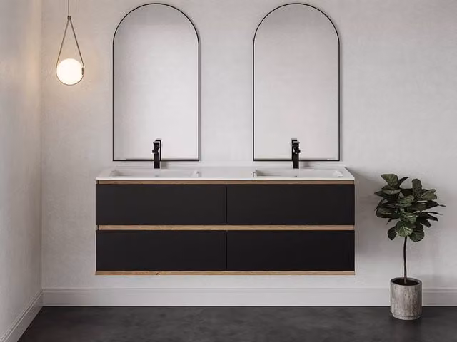 Vente-unique Modern Wall-Hung Bathroom Unit with Inset Basin in Light Natural Oak and Black, W/D/H: 150 x 55 x 45.5 cm – 1