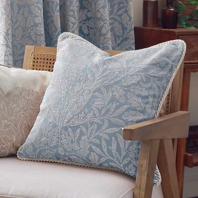 Morris & Co Acorn Tonal Jacquard Floral Cushion in Blue, W/D/H: 50 x 50 x 50 cm