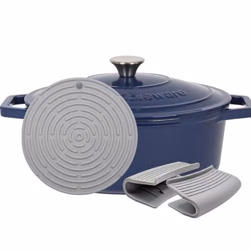 Argon Tableware Oval Enamelled Cast Iron Casserole Dish with Self-Basting Lid, Blue, 4.68L