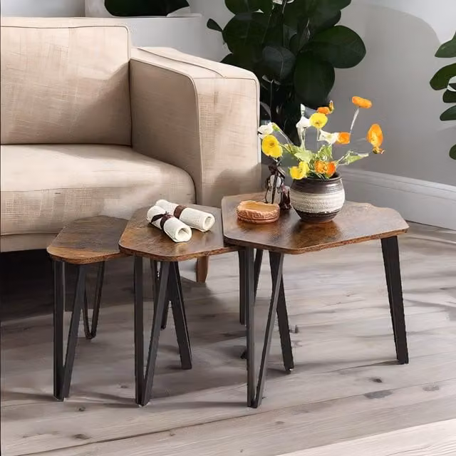 Rafaelo Mobilia Set of 3 Industrial Nesting Tables in Rustic Dark Brown