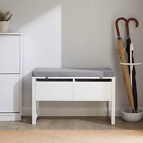 SoBuy FSR88-W Modern Shoe Bench with Seat Cushion and 2 Drawers, White and Grey – 2