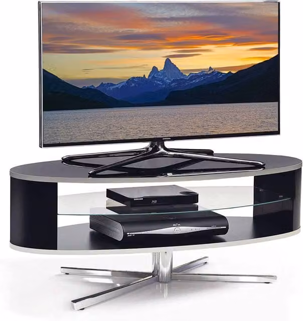 MDA Designs ORBIT Gloss Black Elliptic Glass TV Stand, W: 110.0 cm, D: 38.0 cm, H: 41.0 cm