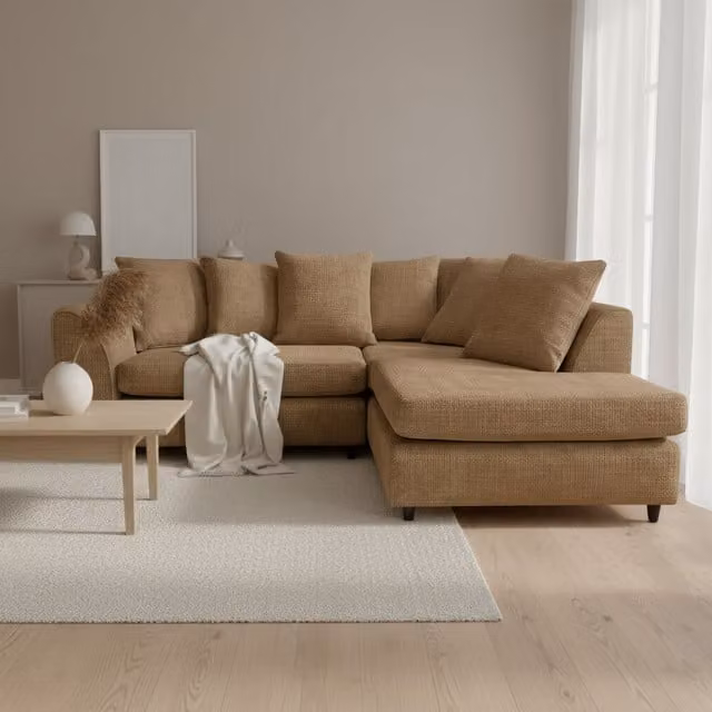 Abakus Direct Jumbo L-Shape Corner Sofa in Brown Soft Chenille Fabric with Right-Hand Chaise and Scatter Cushions