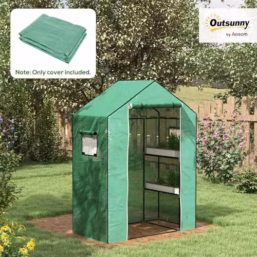 Outsunny Green PE Greenhouse Cover Replacement with Door and Mesh Windows, W: 140 cm, D: 73 cm, H: 190 cm – 2