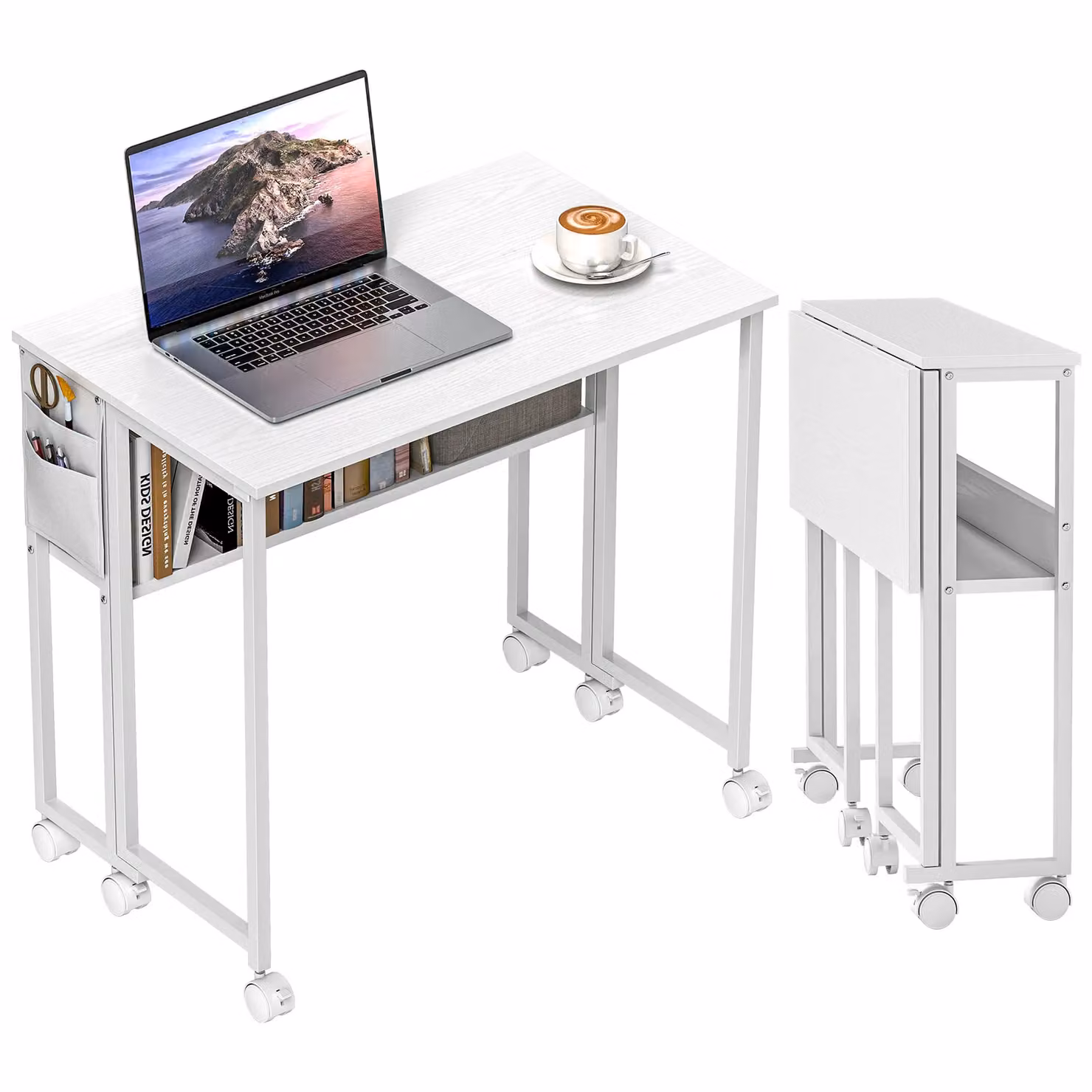 HOMCOM White Foldable Drop Leaf Computer Desk with Castors for Small Spaces – 2