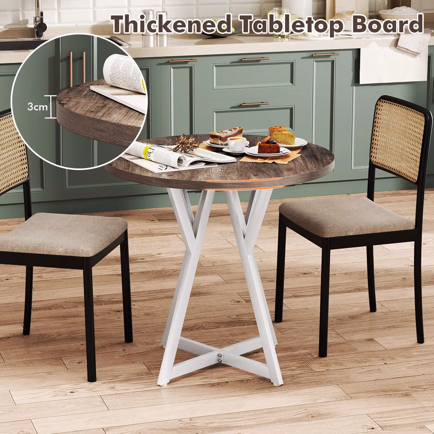 Costway Round Wooden Dining Table in Brown and Sand, Diameter: 80 cm, Height: 76 cm – 4