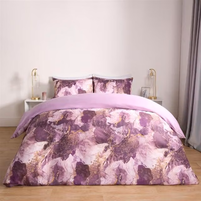OHS Purple Marble Graphic Microfibre Duvet Cover Set, 140 x 200 cm