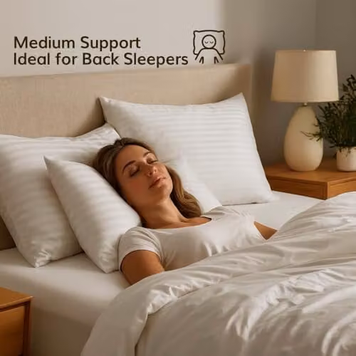 Opulent Home Pack of 2 White Striped Microfibre Pillows with Hollowfibre Filling, Medium Softness, Breathable and Anti-Allergy for Back Sleepers – 2