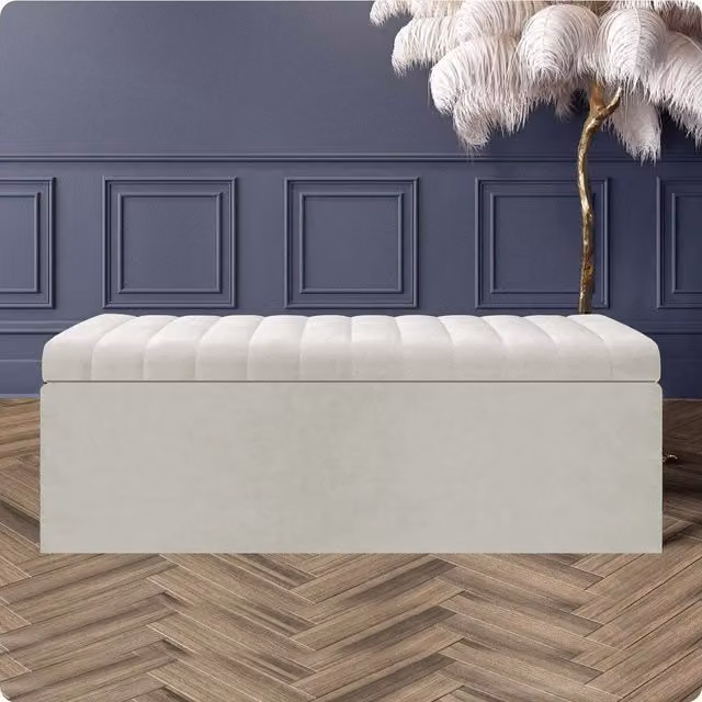 R&M Furnishers Safar Ottoman Storage Box, Striped White and Cream Plush Velvet Upholstered Blanket Chest