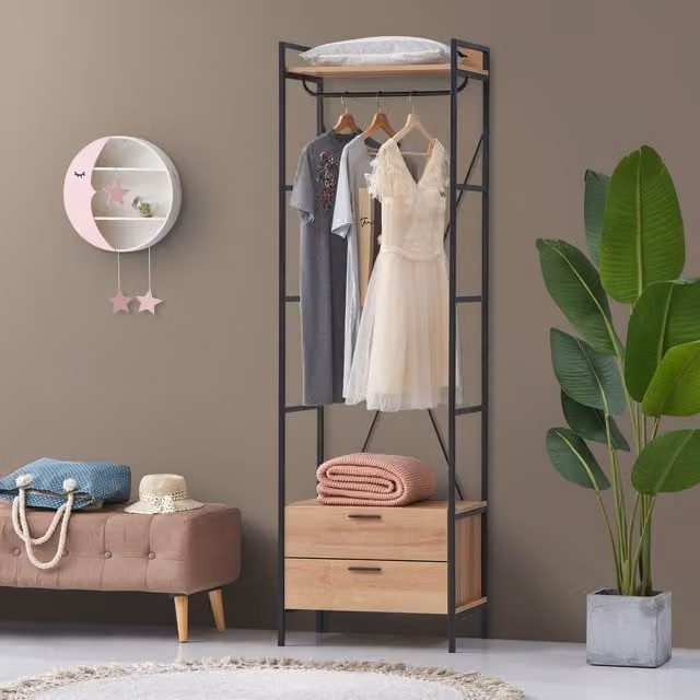 Timber Art Design UK Open Wardrobe with 2 Drawers in Brown, H 200 x W 60 x D 40 cm