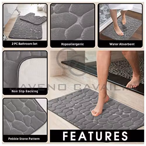 Gaveno Cavailia 2 Piece Memory Foam Pebble Bath Set in Grey with Bath Mat and WC Pedestal Mat – 4