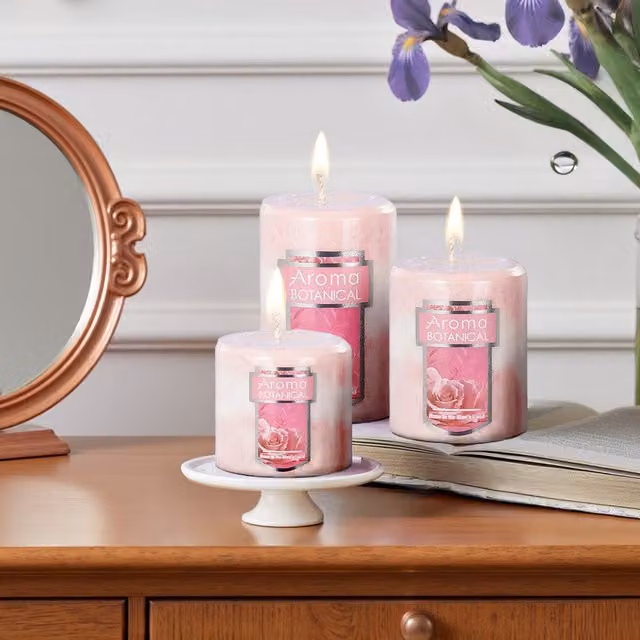 Livingandhome 3 Piece Pink Scented Pillar Candle Set with Fresh Floral Fragrance