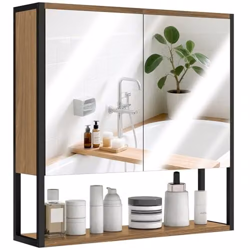 HOMCOM Modern Wall Mounted Bathroom Mirror Cabinet with Soft Close Hinged Doors and Internal Shelves, Brown, W: 60 cm, H: 60 cm, D: 16 cm – 1