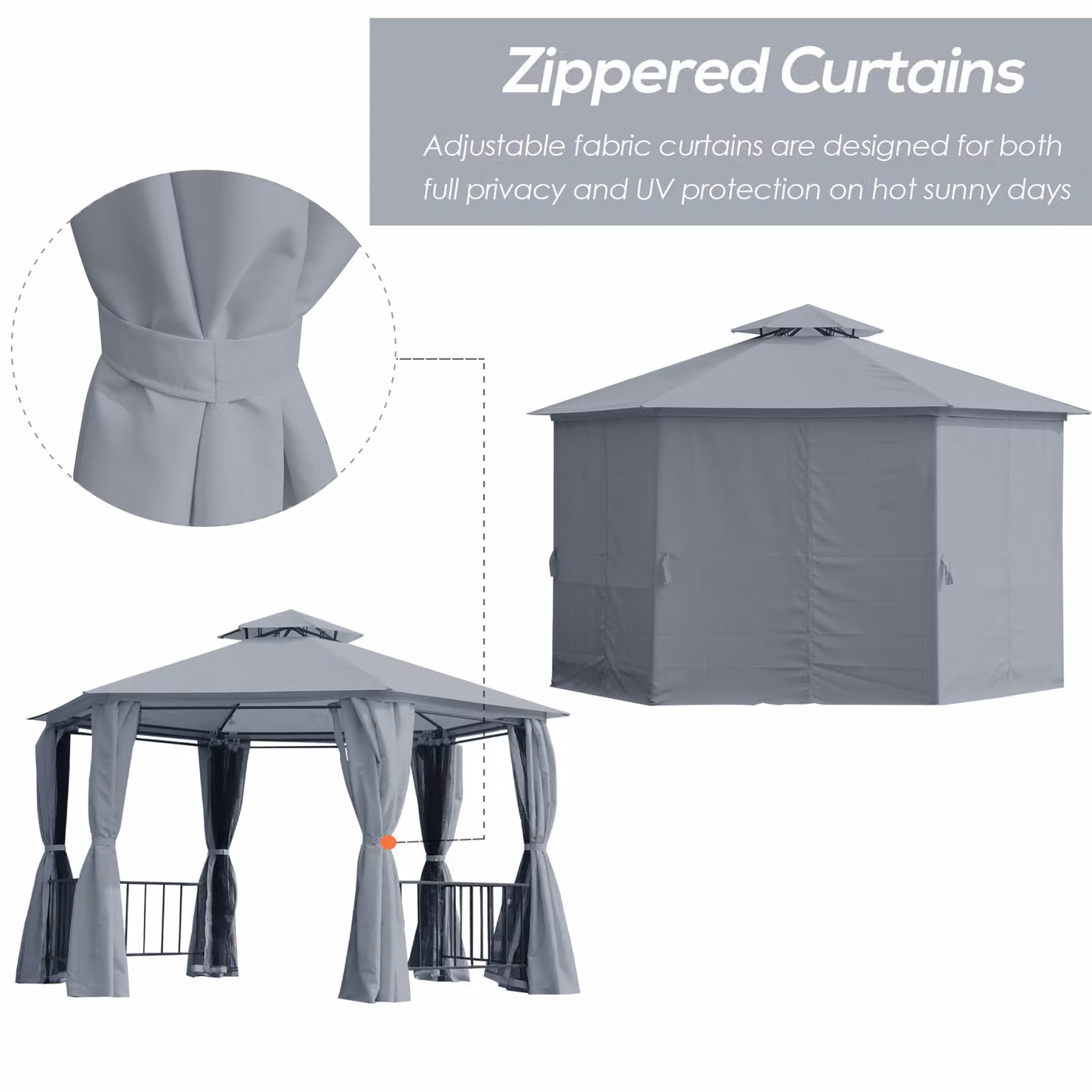 Outsunny Hexagonal Garden Gazebo Party Tent with Double-Tier Roof and Netting Side Panels, Grey – 7