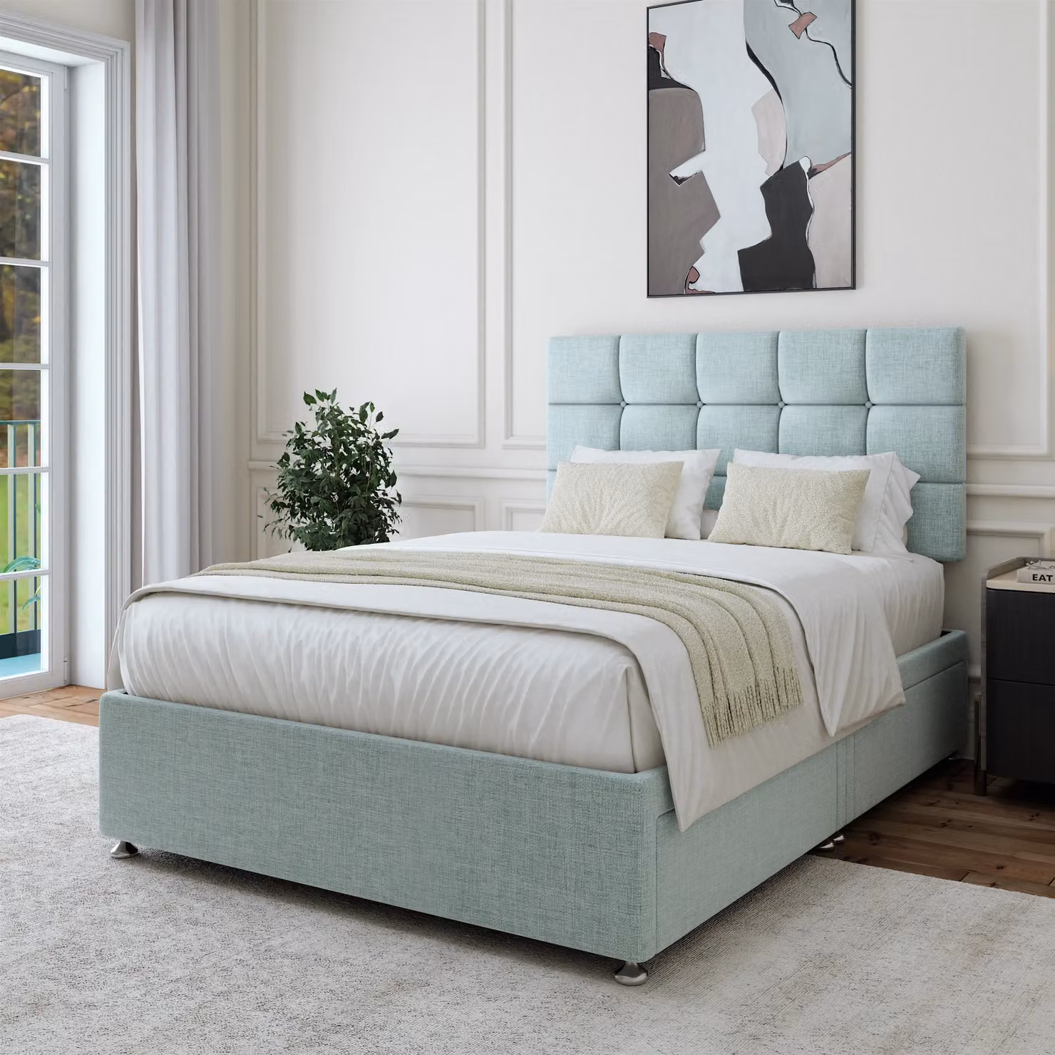 Bedmaster Linen 4 Drawer Divan Base and Square Headboard in Brown, W/D/H: 180 x 200 x 36 cm