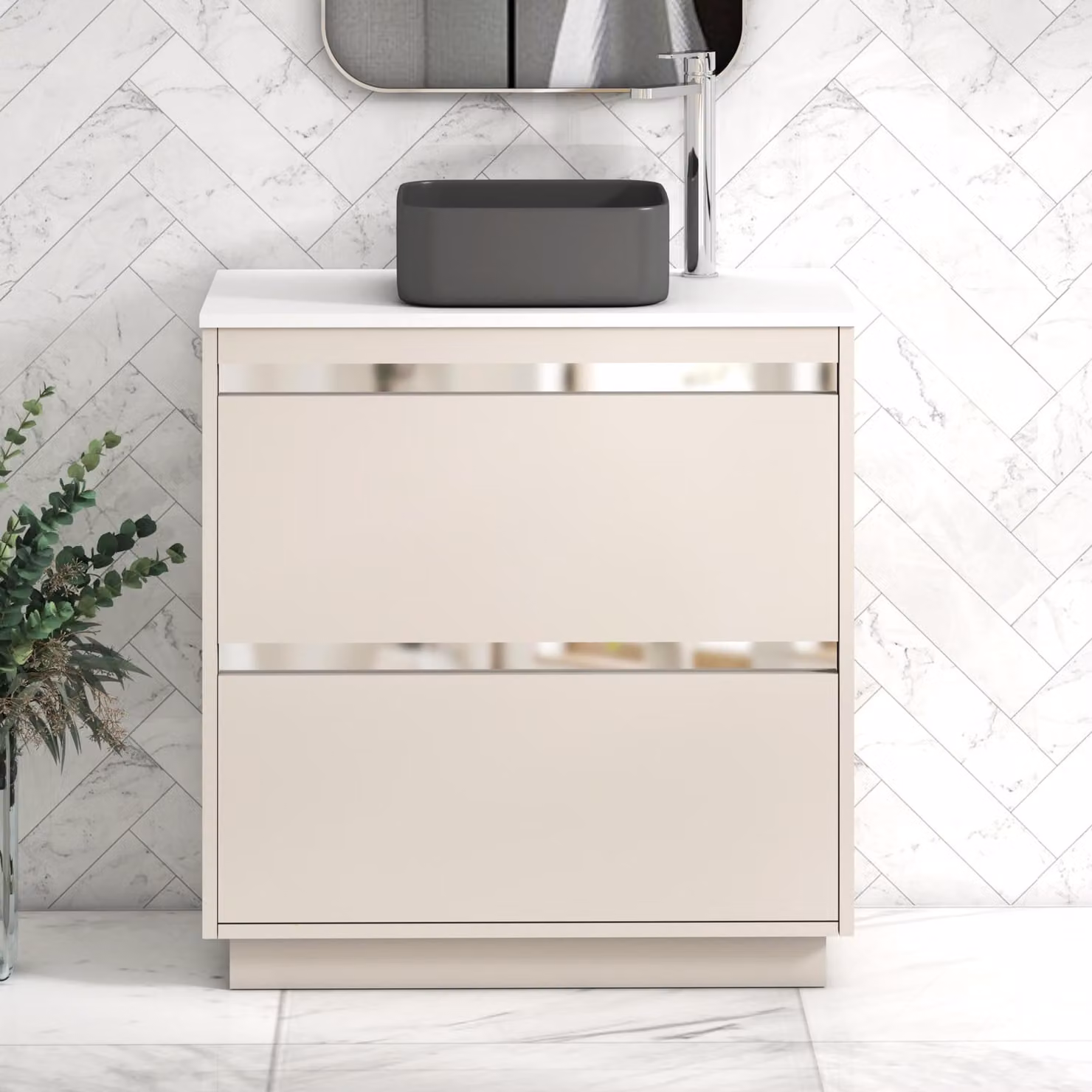 Royal Bathrooms Orion 800mm Warm Taupe Floor Standing 2 Drawer Vanity Unit with Art Square Basin and Chrome Accent Trim