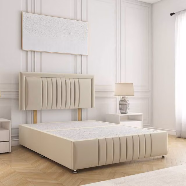 BSSPOKE Lily Single Plush Velvet Divan Bed Frame with 24 inch Headboard in Beige