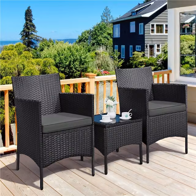 Yaheetech 3-Piece Modern Grey Rattan and Steel Table and Chair Furniture Set