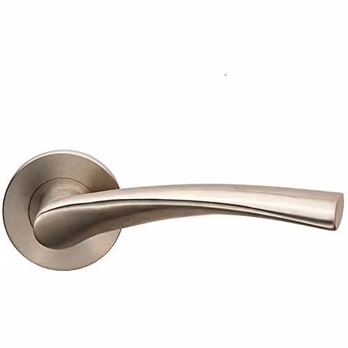 Loops Pair of Twisted Angular Design Lever Door Handles with Slim Round Rose in Brushed Satin Steel Silver