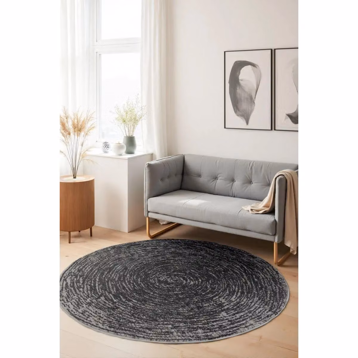 THE RUGS Gloria Round Rug Cavallo Abstract Short Pile Polypropylene in Dark Grey, Diameter: 120 cm – 3
