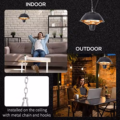 Outsunny 600W Ceiling Hanging Halogen Electric Heater with Adjustable Hook Chain, Black Aluminium Frame – 6