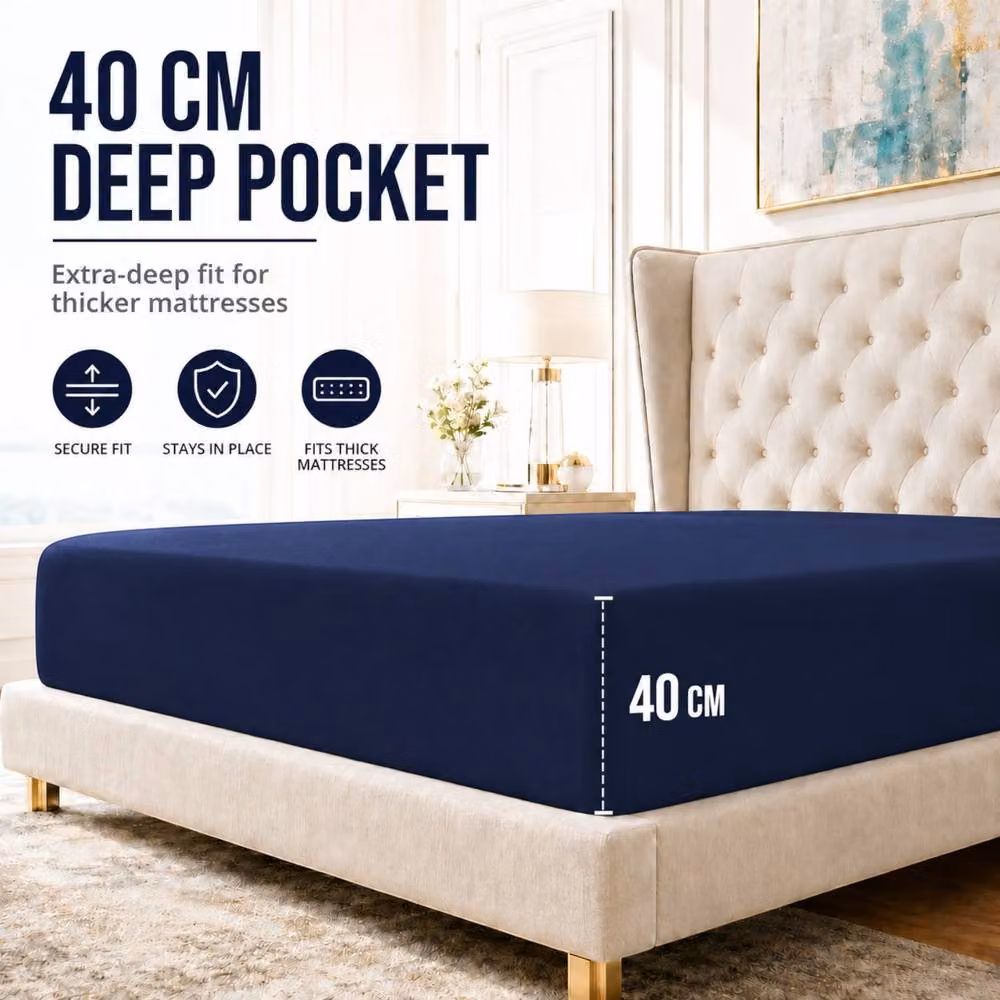 Pamposh Microfibre Plain Fitted Sheet in Navy Blue, Super King, W/D/H: 200 x 180 x 40 cm – 1