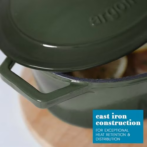 Argon Tableware Oval Enamelled Cast Iron Casserole Dish with Self-Basting Lid, Green, 4.68 l – 3