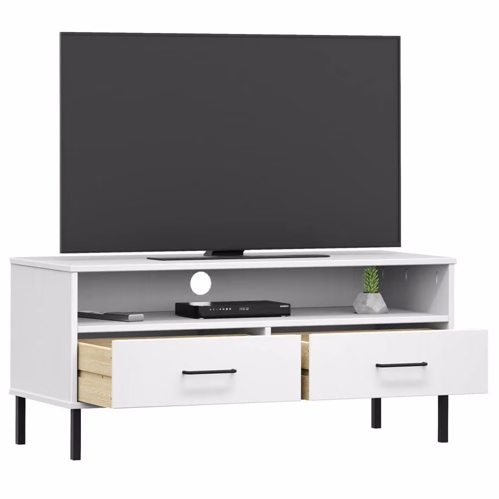 Berkfield Home Oslo TV Cabinet in White Solid Pine Wood with Metal Legs – 3