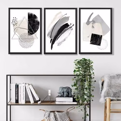 ARTZE Set of 3 Abstract Black and Grey Geometric Wall Art with Black Frames, W: 33 cm, H: 45 cm, D: 2 cm