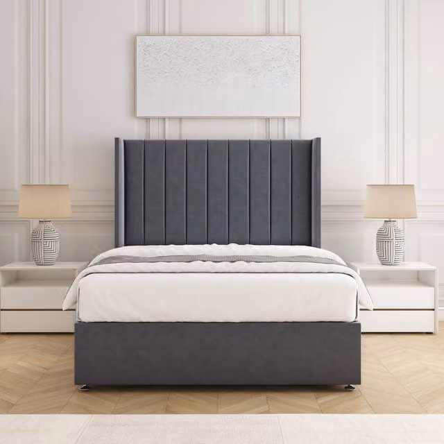 BSSPOKE Hannah Single Divan Bed Set with 54 inch Headboard and Mattress in Charcoal Plush Velvet