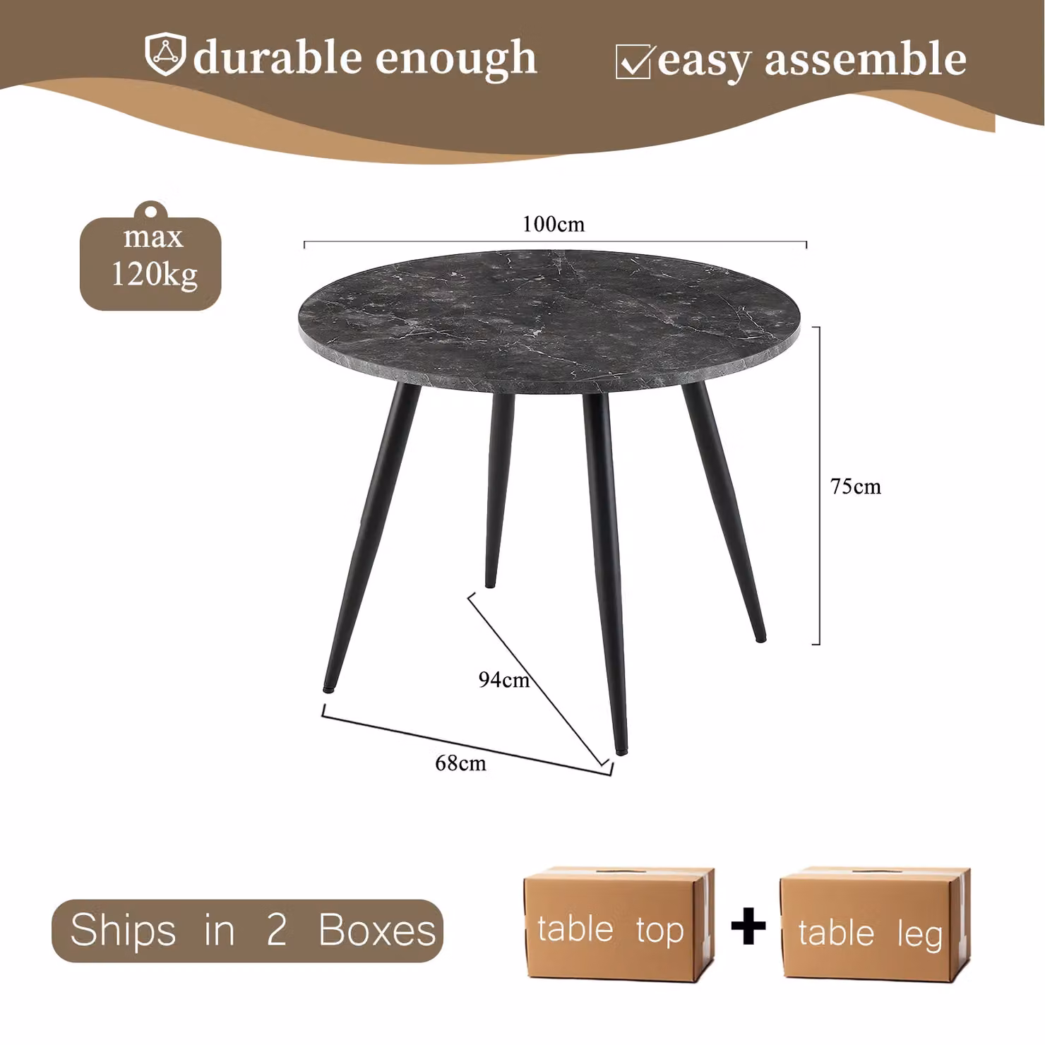 SONARA Round Dining Table with Black Marble Top and Metal Legs, Diameter: 100 cm, Height: 75 cm – 1