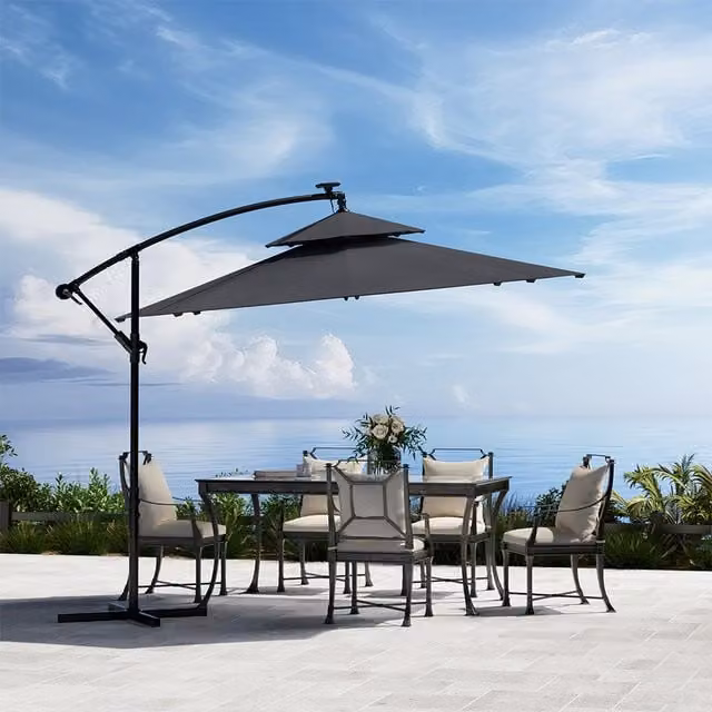 Komore Double-Top Cantilever Garden Parasol with Lights in Dark Grey
