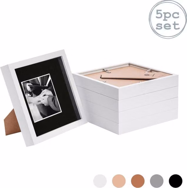 Nicola Spring Pack of 5 Single Square 3D Box Photo Frames in White and Black, W/D/H: 20.32 x 20.32 x 5.08 cm