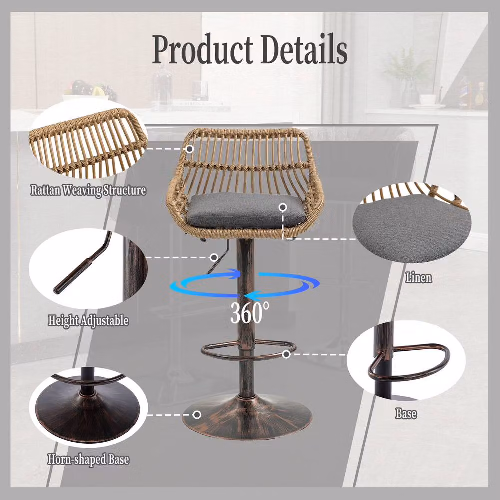 Direct Wicker Set of 2 Modern Grey Swivel Bar Stools with Armrests and Height Adjustment – 4