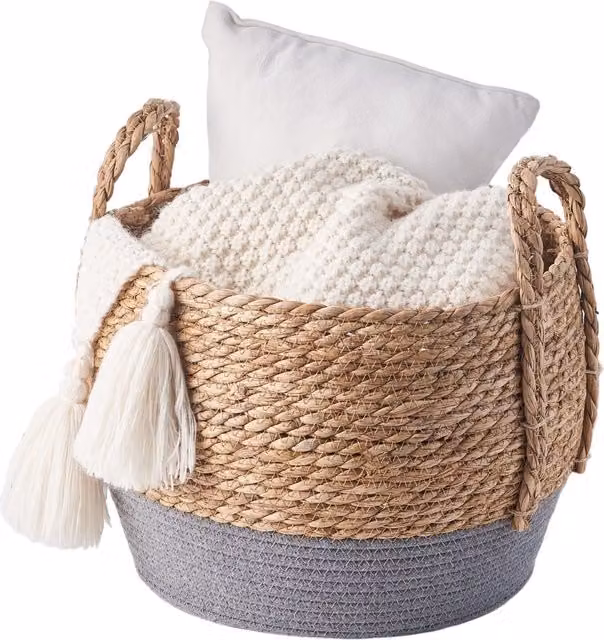 Eden & Willow Nordic Open Weave Woven Storage Basket with Carry Handles in Beige and Grey
