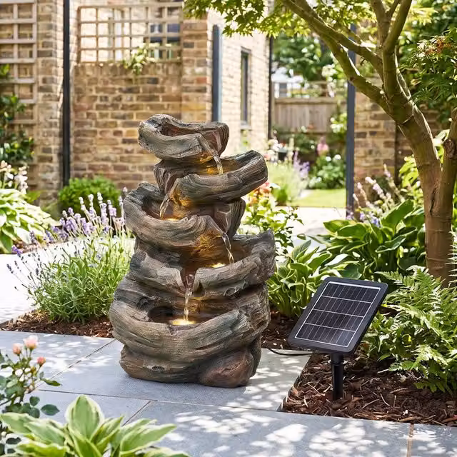 Breeins Solar Water Fountain Cascade Garden Feature with Lighting in Multicolour and Brown