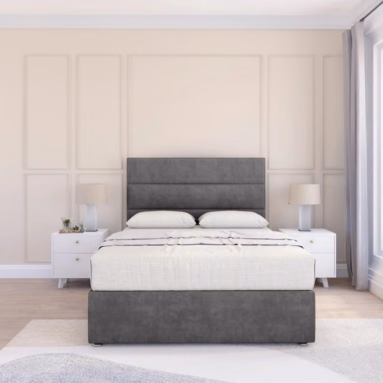 Sloomy Texas Plush Velvet Memory Foam Bed Set with Headboard and Hybrid Mattress in Dark Grey, Size: King (180 x 200 cm)