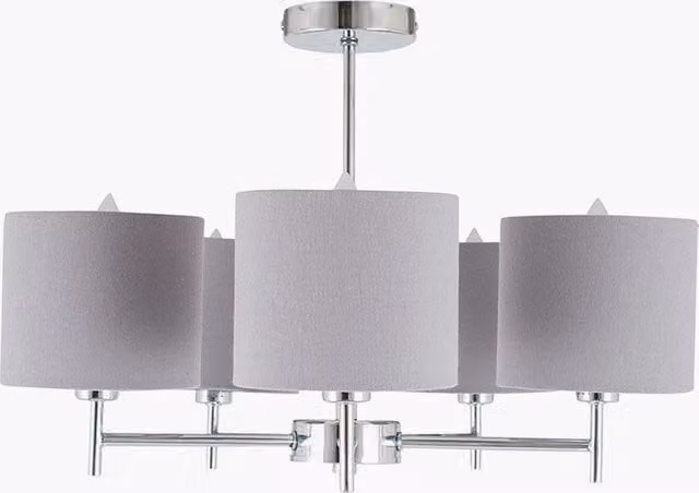 Ruma 5 Arm Modern Grey and Silver Metal and Linen Pendant Ceiling Lamp – 1