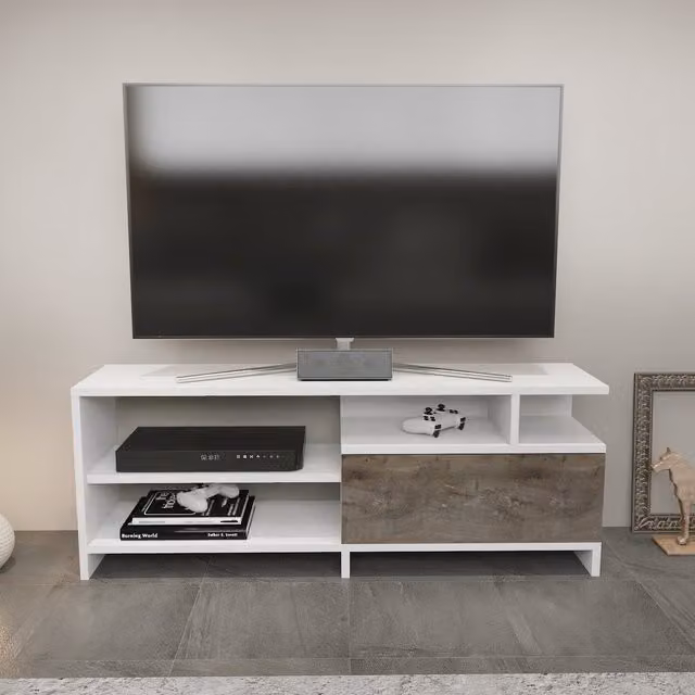 Pulaski Modern Geometric TV Unit in White and Brown
