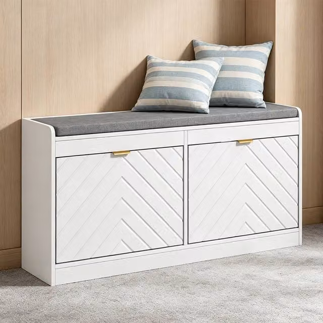 ERGOVEXA White and Gold Shoe Bench with Seat and 2 Ventilated Flip Drawers – 1