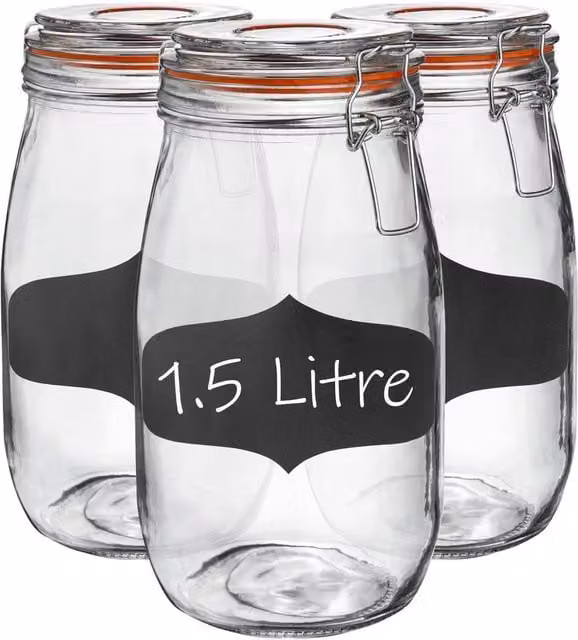 Argon Tableware Glass Storage Jars with Clip Lids and Labels, 1.5 l, Pack of 3, Clear and Orange