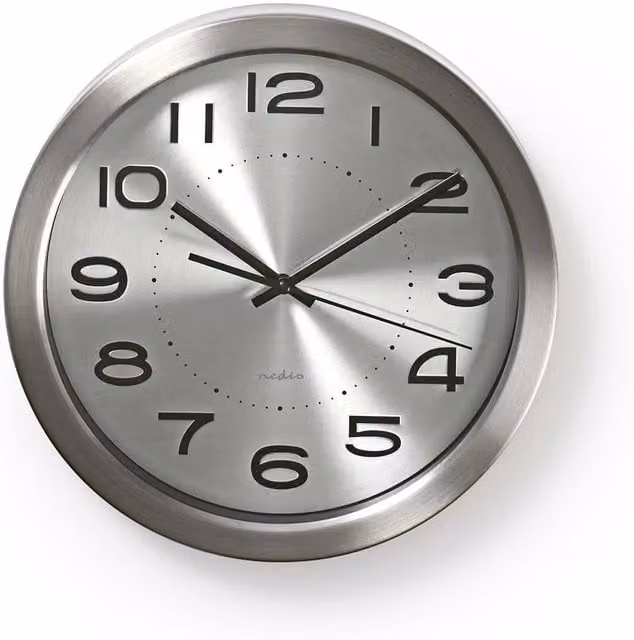 Nedis Round Analog Quartz Wall Clock in Silver Metal, Diameter: 30 cm