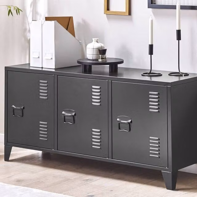 Wyld Haus Black Steel Three Door Industrial Sideboard with Adjustable Shelves and Cable Management