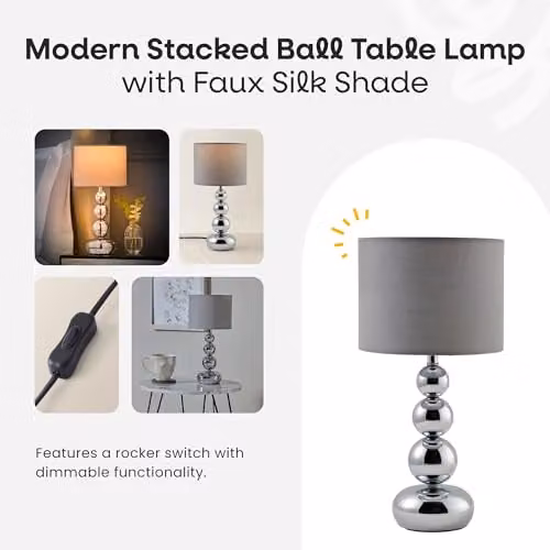 MiniSun Modern Polished Chrome Stacked Ball Table Lamp with Grey Fabric Shade – 2