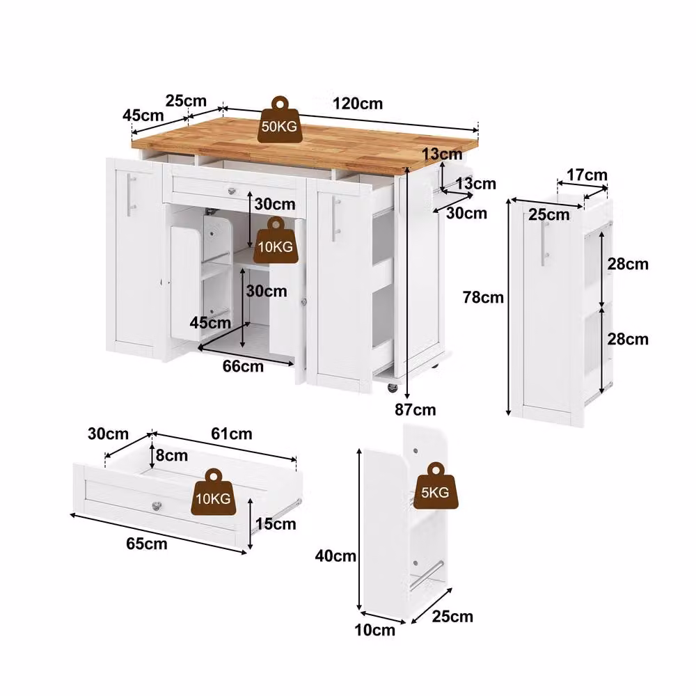 Merax Mobile Kitchen Island Trolley with Foldable Drop-Leaf Countertop in White, W: 120 cm, D: 70 cm, H: 3 cm – 5
