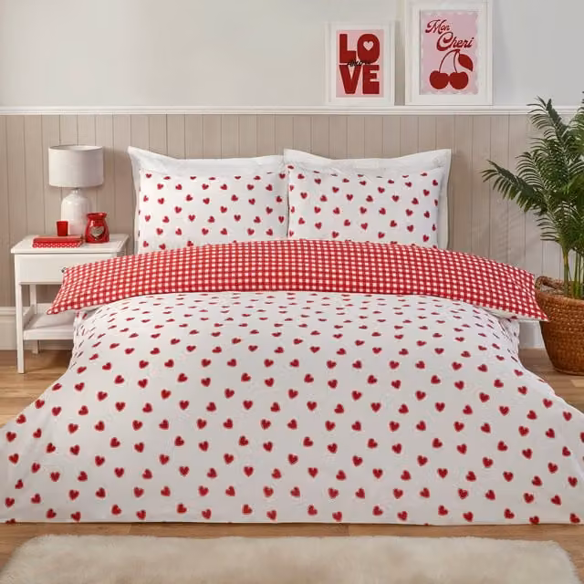 Divante Reversible Love Hearts Checked Duvet Cover Set, Red and White, W/D/H: 200 x 200 cm