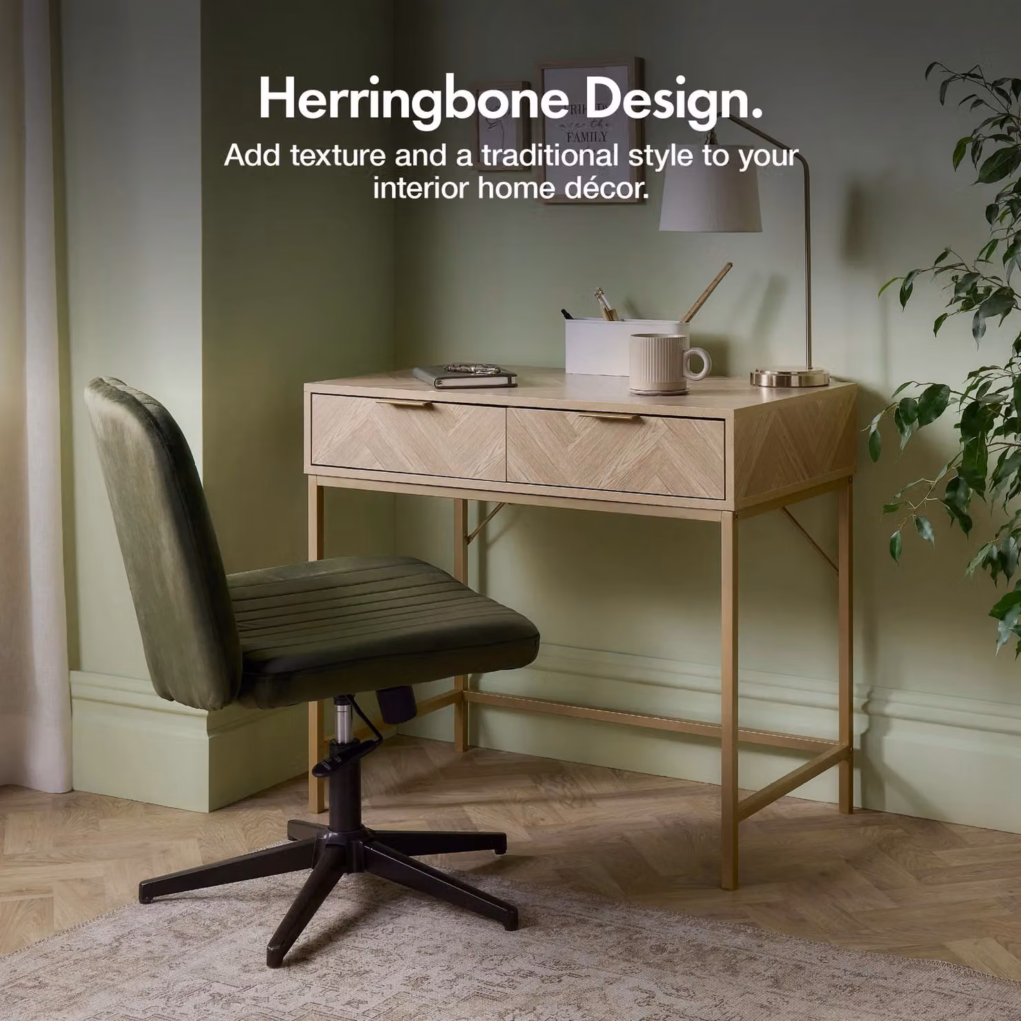 VonHaus Ducie 2 Drawer Herringbone Design Bedroom Dressing Table in Natural and Gold – 2