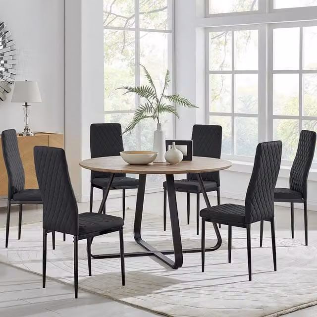 FurnitureboxUK Santorini Brown Round Dining Table and 6 Milan Black Leg Chairs